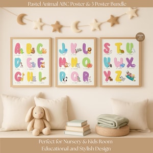 Arte mural con el alfabeto, póster con animales del alfabeto, lámina educativa para guardería, decoración colorida para habitación infantil, tabla del alfabeto para niños pequeños, decoración de pared para preescolar