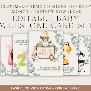 Cartes bébé modifiables, cartes bébé mensuelles sur le thème des animaux, accessoire photo imprimable pour nouveau-né, cadeau baby shower pastel pour filles et garçons