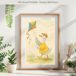 Silly Goose Wall Art, Cute Duck Flying Kite Nursery Print, Whimsical Goose Room Decor, Farm Animal Kids Poster, Playroom Printable Art