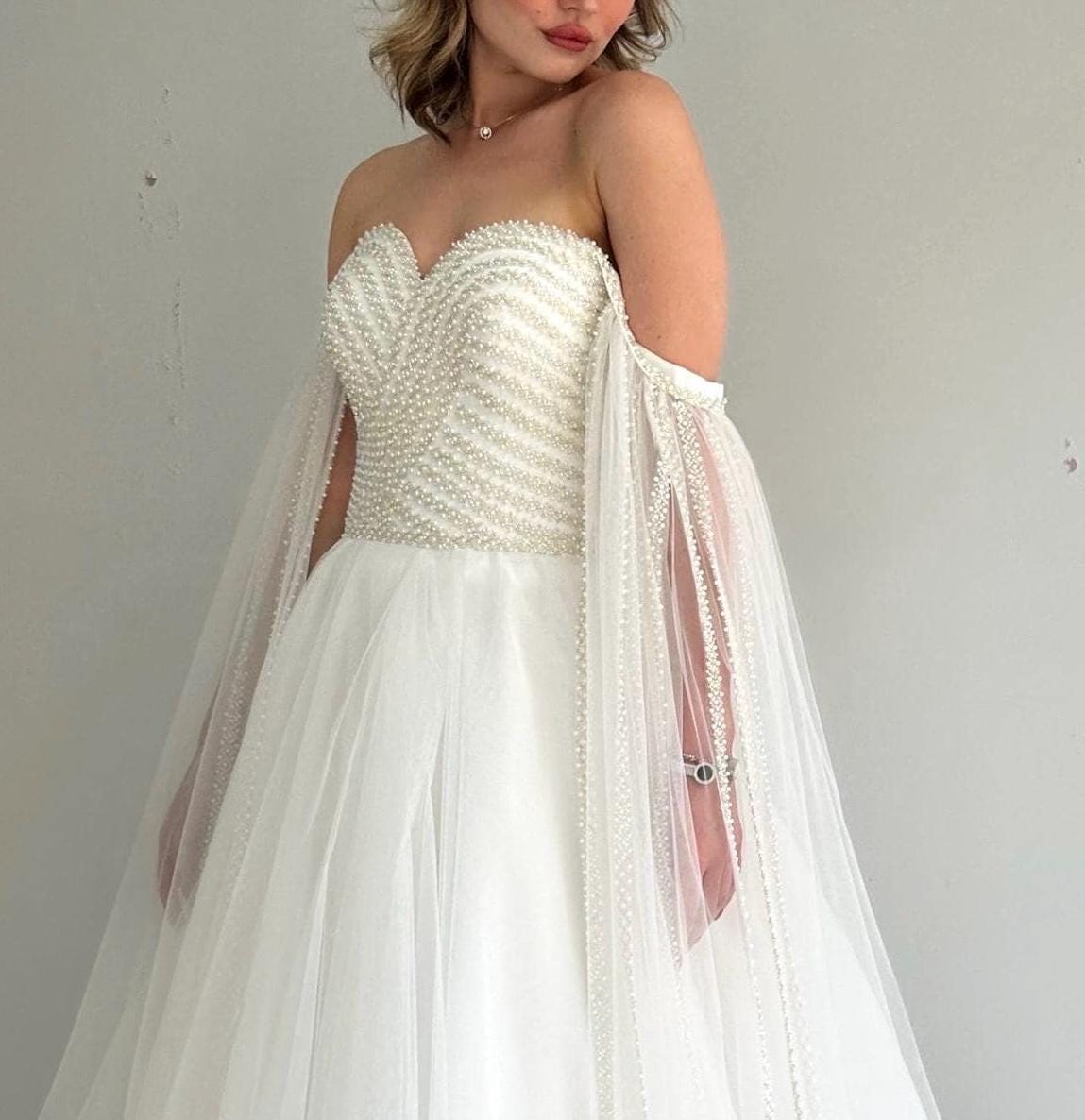 Pearl Wedding Dress – Romantic Strapless Bridal Gown – Detachable Sheer Sleeves – Tulle A-Line Wedding Dress – Handmade Couture