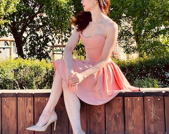 Elegant Corset Cocktail Dress | Pastel Pink Stretch Fabric | Perfect for Bridesmaids, Prom, or Date Night