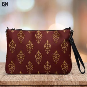 Vintage Muster Umhängetasche - Kunstleder Geldbörse mit Handgelenkschlaufe, bordeaux farbene Boho Clutch, elegantes Geschenk für sie, kostenloser Versand US