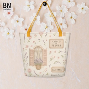 French Floral Tote Bag – Vintage Canvas Reusable Bag, Large Aesthetic Grocery or Book Bag Gift