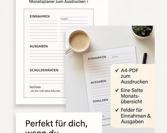 May include: A printable budget planner with the title "Mein Ausgaben-Buddy" in black text. The planner includes sections for income, expenses, and debt payments. The text "Perfekt für dich, wenn du..." is in black text and lists three bullet points: "deine Finanzen fest im Blick behalten möchtest", "auf eine einfache Weise planen willst", and "Klarheit im Alltag suchst".
