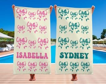Bridesmaid Beach Towel Gift, Custom Bow Beach Towels, Bachelorette Party Gift, Girl Trip Gift, Gift for Mom & Grandma, Matching Girls Towel
