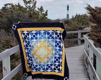 Blue Yellow Batik Quilt Throw Storm at Sea 66 in square