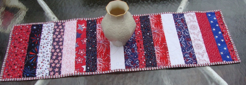 Quilted Table Runner Patriotic Americana Red White Blue Strips image 3