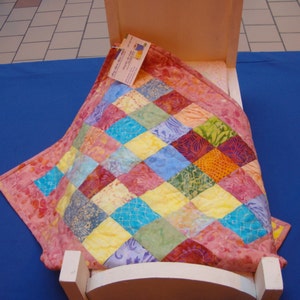 Doll Quilt Table Topper Batik Scrappy Mini Quilt Pink Border