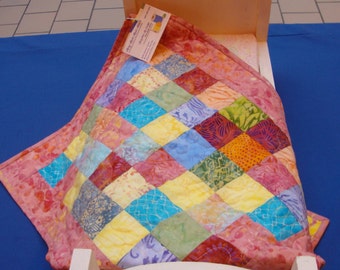 Doll Quilt Table Topper Batik Scrappy Mini Quilt Pink Border