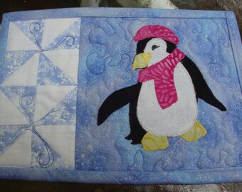 Penguin Applique Mug Rug Snack Mat Mini Placemat Coaster