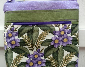 Geldbörse Kreuz Körper Handtasche Organizer Tablet Hülle lila Blumen grün Lavendel