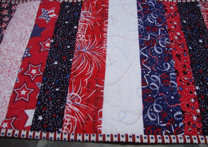 Quilted Table Runner Patriotic Americana Red White Blue Strips image 2