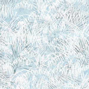 May include: A seamless pattern featuring white stylized leaves on a light blue background. The leaves are arranged in a random pattern and create a delicate and airy feel.