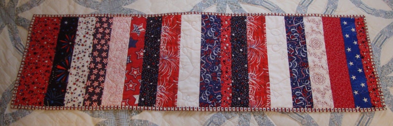 Quilted Table Runner Patriotic Americana Red White Blue Strips image 4