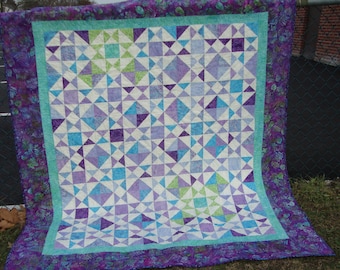 Batik Lap Quilt Throw Twin Coverlet Blue Aqua Purple Lavender Quiltsy Handmade