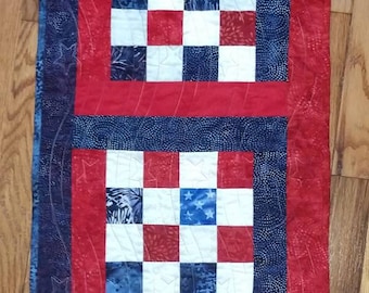 Patriotic Table Runner Red White Blue Batik Scrappy 16.5 by 52"