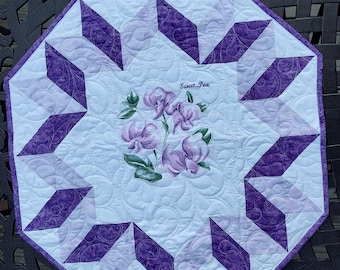 Sweet Pea Embroidered Table Topper Purple Lavender White