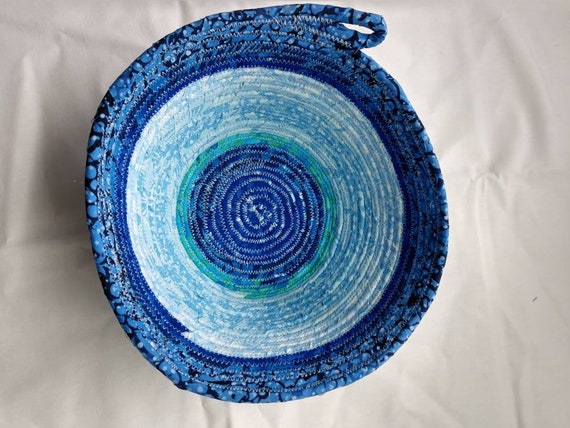 Black and Gold Coiled Fabric Basket Organizer Catchall Handmade by Me White Blue Green