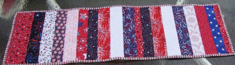 Quilted Table Runner Patriotic Americana Red White Blue Strips image 1