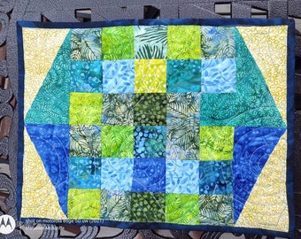 Blue Green Quilted Table Mat 12.5 by 16.5 Batik