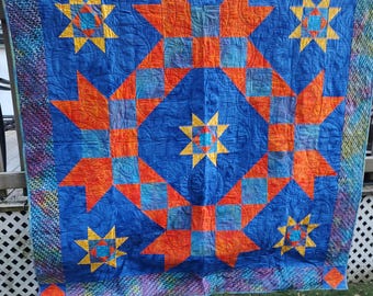 Bright Star Quilt Orange Blue Yellow Vibrant 80 in square Full Queen Cotton Batik