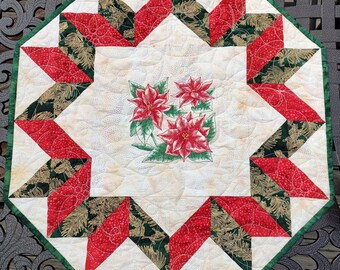 Poinsettia Embroidered Table Topper Red Green Cream