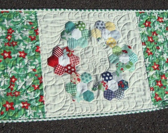 Table Runner with Hexagon Flower Center April Showers by Bonnie and Camille
