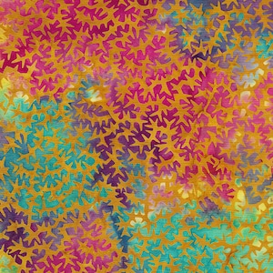 Könnte beinhalten: Abstraktes Muster aus türkisfarbenen, violetten und rosafarbenen Sternen auf goldenem Hintergrund.