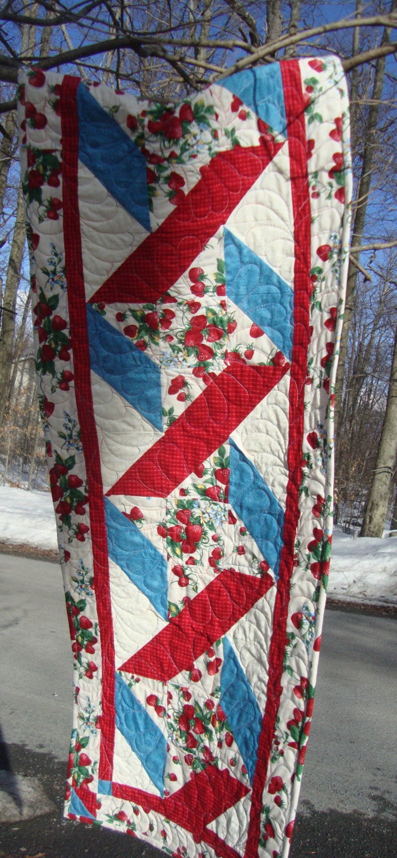 Table Runner Ribbon Twist Strawberries Red White and Blue image 1