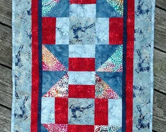 Winter Deer Batik Quilted Table Runner Blue Red