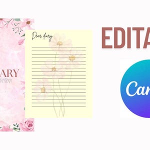 Può includere: Modello di diario floreale rosa modificabile di Canva con il testo "My Diary Flowers Edition" e una pagina rigata con il testo "Caro diario" e un design floreale.