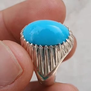 Anillo de plata con turquesa natural para hombre, anillo de piedra preciosa ovalada, anillo de feroza, anillo de plata de ley 925 para hombre