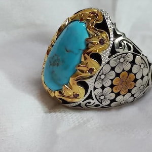Mens Handmade Ring, Turquoise Men Silver Ring , Oval Gemstone Ring Feroza Ring Sterling Silver 925 Ring For Men