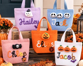 Personalized Halloween Trick or Treat Bag, Kids Halloween Tote, Pumpkin Ghost Witch Bag, Toddler Candy Pail
