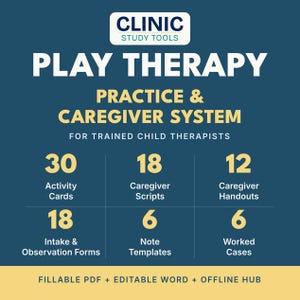 May include: A digital resource set titled Clinic Study Tools Play Therapy Practice & Caregiver System for trained child therapists. It includes 30 activity cards, 18 caregiver scripts, 12 caregiver handouts, 18 intake & observation forms, 6 note templates, and 6 worked cases. Features fillable PDF, editable Word, and offline hub.