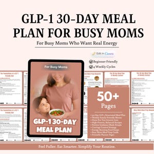 Plano alimentar de 30 dias com GLP-1 para mães ocupadas, modelo editável no Canva (download digital)