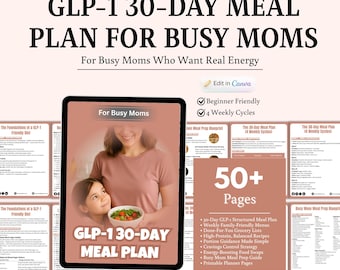 GLP-1 Plan de repas de 30 jours pour les mamans occupées, modèle Canva modifiable (téléchargement numérique)