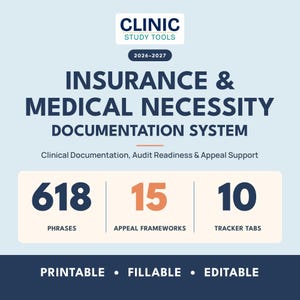 Könnte beinhalten: Ein Dokumentationssystem mit dem Titel Clinic Study Tools 2026-2027 Insurance & Medical Necessity Documentation System. Es enthält 618 Phrasen, 15 Einspruchsrahmen und 10 Tracker-Tabs. Das Dokument ist druckbar, ausfüllbar und bearbeitbar.
