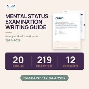 Puede incluir: Una guía de redacción de examen de estado mental 2026-2027 con banco de descriptores y hojas de trabajo. El documento presenta texto morado oscuro sobre fondo claro, destacando 20 dominios, 219 descriptores y 12 hojas de trabajo en formato PDF y Word.