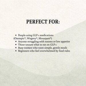 Puede incluir: Texto en un fondo crema que dice "PERFECT FOR:" seguido de una lista con vi&ntilde;etas. La lista incluye personas que usan medicamentos GLP-1, aquellos con n&aacute;useas, aquellos que no est&aacute;n seguros de qu&eacute; comer con GLP-1, personas ocupadas y principiantes.