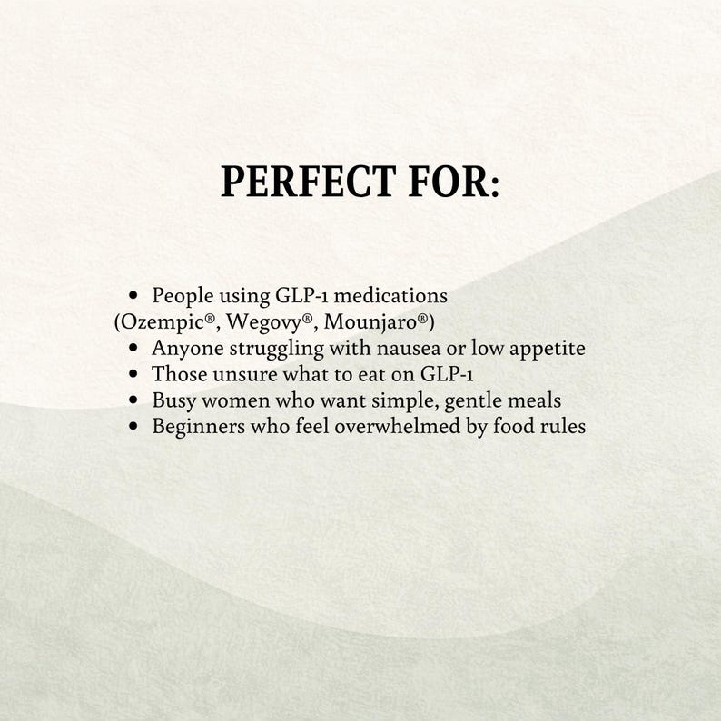 Puede incluir: Texto en un fondo crema que dice "PERFECT FOR:" seguido de una lista con vi&ntilde;etas. La lista incluye personas que usan medicamentos GLP-1, aquellos con n&aacute;useas, aquellos que no est&aacute;n seguros de qu&eacute; comer con GLP-1, personas ocupadas y principiantes.