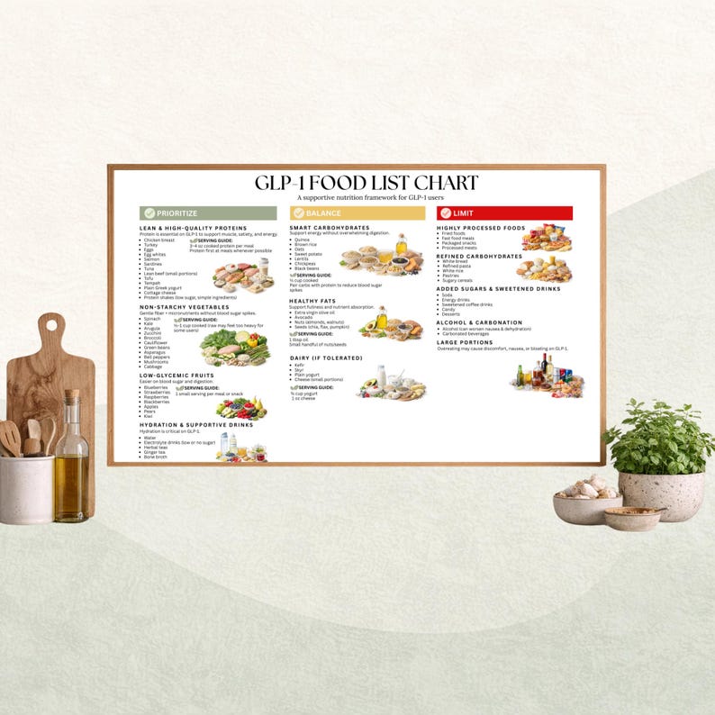 Puede incluir: Un gr&aacute;fico enmarcado de la lista de alimentos GLP-1, un marco de nutrici&oacute;n de apoyo para los usuarios de GLP-1. El gr&aacute;fico se divide en secciones: Priorizar, Equilibrar y Limitar, con ejemplos de alimentos.