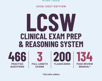 Peut inclure: Une couverture de guide d'étude bleu clair intitulée CLINIC STUDY TOOLS 2026-2027 EDITION LCSW CLINICAL EXAM PREP & REASONING SYSTEM. Elle indique 466 questions d'entraînement, 3 examens complets, 200 cartes mémoire, 134 pages de manuel et un centre d'étude hors ligne.