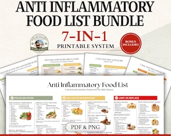 Lista de alimentos antiinflamatorios, guía dietética y plan de comidas (PDF y PNG imprimibles)
