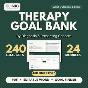 May include: A digital resource titled Therapy Goal Bank by Diagnosis & Presenting Concern, Adult Outpatient Edition. It features 240 goal sets, 24 modules, and 480 objectives, available in PDF and editable Word formats with a digital Goal Finder tool.