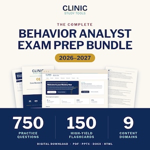 Może przedstawiać: Zestaw Complete Behavior Analyst Exam Prep Bundle 2026-2027 od Clinic Study Tools zawiera cyfrowy pulpit nawigacyjny, przewodniki i dokumenty. Obejmuje 750 pytań praktycznych, 150 fiszek i 9 domen tematycznych w formatach PDF, PPTX, DOCX oraz HTML.