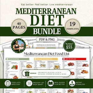 May include: A Mediterranean Diet Bundle with 40 pages and 19 templates. The bundle includes a food list, meal guides, and a grocery list. The design features a green and white colour scheme with the text "Mediterranean Diet Bundle".