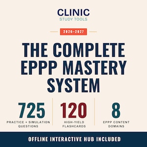 以下が含まれることがあります： Clinic Study Toolsによる学習ガイド「The Complete EPPP Mastery System 2026-2027」。725問の練習・シミュレーション問題、120枚のハイイールドフラッシュカード、8つのEPPPコンテンツドメインが含まれています。オフラインのインタラクティブハブがセットになっています。