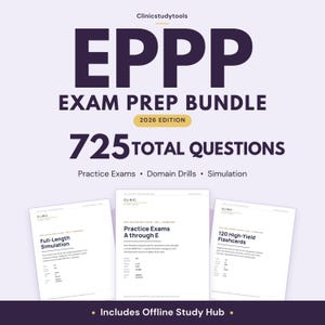 May include: The Clinicstudytools EPPP Exam Prep Bundle 2026 Edition features 725 total questions, including practice exams, domain drills, and simulation. The set includes three documents: Full-Length Simulation, Practice Exams A through E, and 120 High-Yield Flashcards, with an included offline study hub.