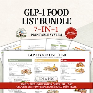 Puede incluir: Un paquete de listas de alimentos imprimibles para usuarios de GLP-1, que incluye una tabla de alimentos, una lista de compras y un plan de comidas. El paquete est&aacute; etiquetado como "7-EN-1" e incluye una bonificaci&oacute;n. La tabla clasifica los alimentos.